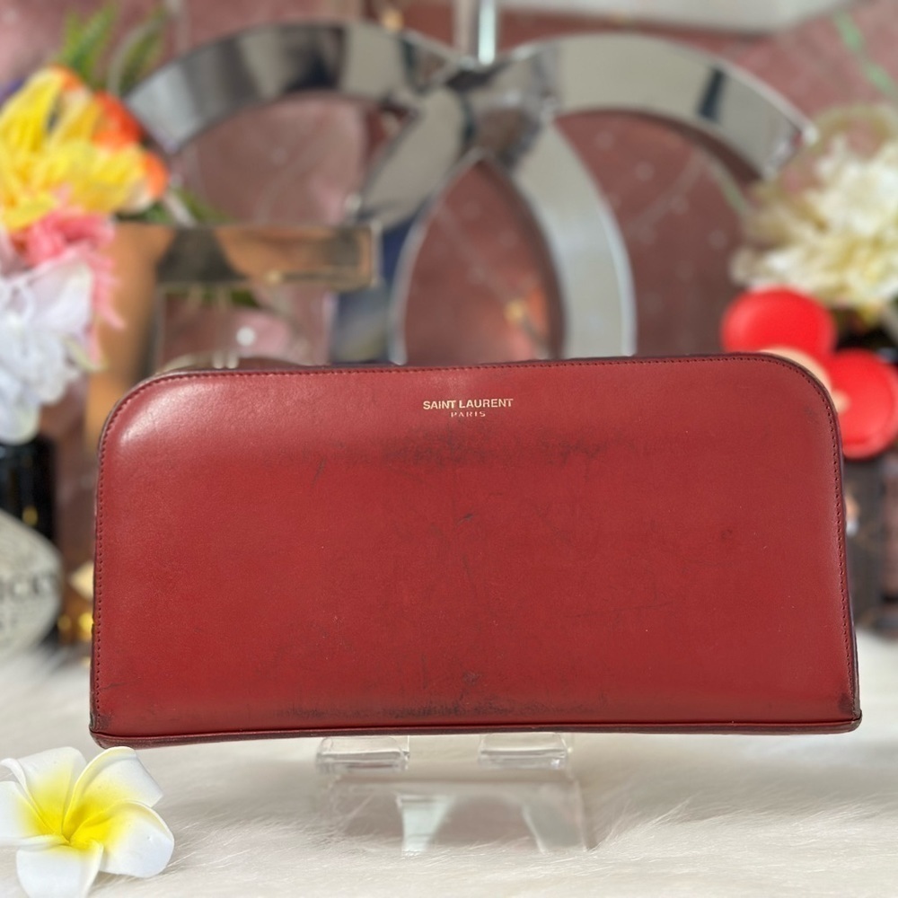 AUTHENTIC SAINT LAURENT PARIS RED LEATHER ZIP AROUND LONG WALLET